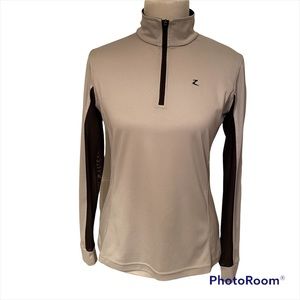 HORZE EQUESTRIAN 1/4 ZIP TOP LONG SLEEVE GRAY BLACK SHEER ACTIVE RIDING SIZE 8